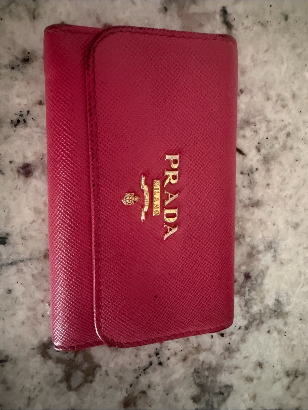 Prada Pink-Red Saffiano Leather Card & Key Holder with Gold Logo
